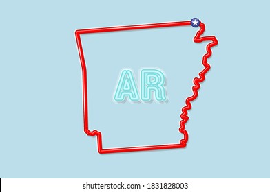 Arkansas US state bold outline map. Glossy red border with soft shadow. Two letter state abbreviation. Vector illustration.