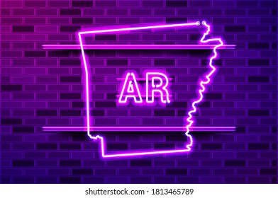 Arkansas US state glowing neon lamp sign. Realistic vector illustration. Purple brick wall, violet glow, metal holders.