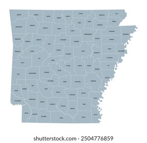 Arkansas, estado de EE.UU., mapa político gris con fronteras y nombres de condados. Estado en la región Centro-Sur-Oeste del Sur de los Estados Unidos, subdividido en 75 condados. Apodado El Estado Natural.