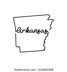 Arkansas US state outline map with the handwritten state name. Continuous line drawing of patriotic home sign. A love for a small homeland. T-shirt print idea. Vector illustration.