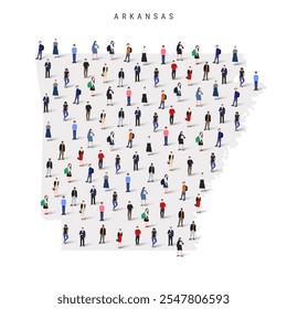 Arkansas US state population map. Large group of realistic a diverse crowd of people figures. Flat vector illustration isolated on white.