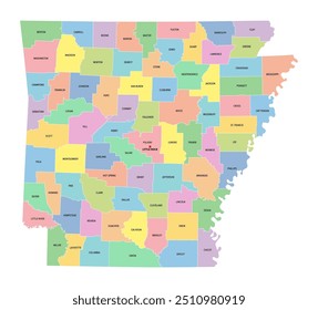 Arkansas, U.S. state, subdivided into 75 counties, multi colored political map with capital Little Rock, borders and county names. State in the West South Central region of the Southern United States.