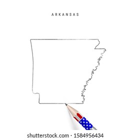 Arkansas US state vector map pencil sketch. Arkansas outline contour map with 3D pencil in american flag colors. Freehand drawing vector, hand drawn sketch isolated on white.