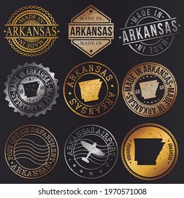 Arkansas, USA Business Metal Stamps. Gold Made In Product Seal. National Logo Icon. Symbol Design Insignia Country.