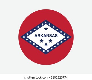 Arkansas USA Round State Flag. AR, US Circle Flag. Bundesstaat Arkansas, Vereinigte Staaten von Amerika Circular Shape Button Banner. EPS-Vektorgrafik.