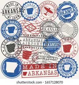 Arkansas, Estados Unidos Set de sellos. Sellos de pasaporte de viaje. Fabricado En Producto. Sellos de diseño en la antigua insignia. Colección vectora de imágenes prediseñadas de iconos.