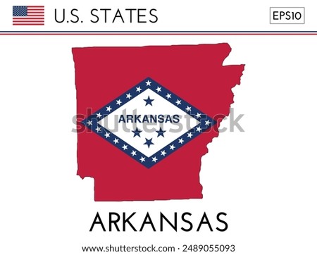 Arkansas USA state map shape with flag. Map of Arkansas in the Arkansas flag colors. Outline map filled with its flag colors. Vector illustration.