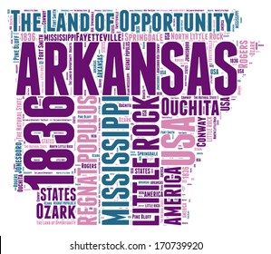 Arkansas USA state map vector tag cloud illustration