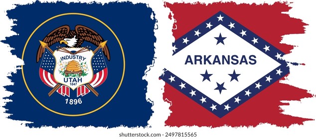 Arkansas and Utah states grunge brush flags connection, vector