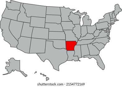 Arkansas vector illustration in gray color. United States of America map. Highlighted in red territory of the US. Contours of the USA. Web, poster, study, articles, economy, geography, demography