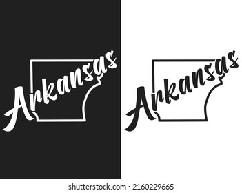Arkansas vector logo. Set of black and white emblems of the USA. Illustration of the name of the US state. Image with inscription and outline of the territory of the United States of America.