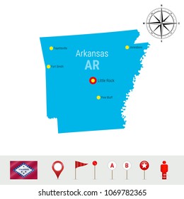 Arkansas Vector Map Isolated on White Background. High Detailed Silhouette of Arkansas State. Vector Flag of Arkansas. 3D Map Markers or Pointers, Navigation Elements. Rose of Wind or Compass Icon