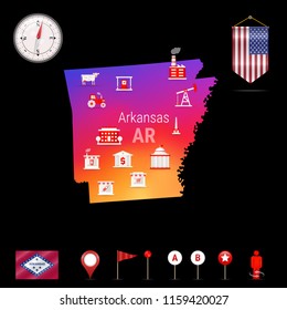 Arkansas Vector Map, Night View. Compass Icon, Map Navigation Elements. Pennant Flag of the United States. Vector Flag of Arkansas. Various Industries, Economic Geography Icons.