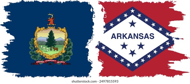 Arkansas and Vermont states grunge brush flags connection, vector