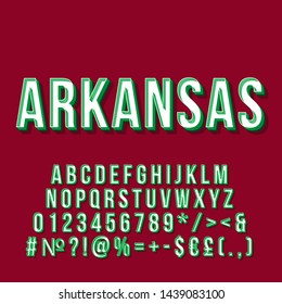 Arkansas vintage 3d vector lettering. Retro bold font, typeface. Pop art stylized text. Old school style letters numbers, symbols, elements pack. 90s, 80s poster, banner. Burgundy color background