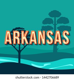 Arkansas vintage 3d vector lettering. Retro bold font, typeface. Pop art stylized text. Old school style letters. 90s, 80s poster, banner, t shirt typography design. Blue color background with pines svg