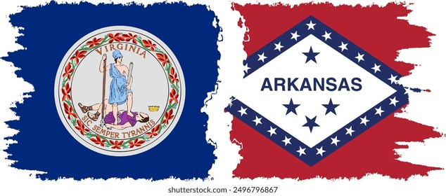 Arkansas and Virginia states grunge brush flags connection, vector