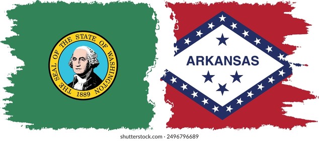 Arkansas and Washington states grunge brush flags connection, vector