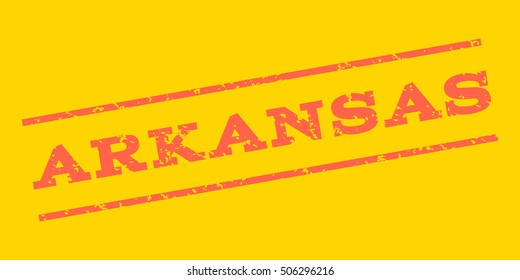 Arkansas watermark stamp. Text Caption between parallel lines with grunge design style. Rubber seal stamp with unclean texture. Vector tomato red color ink imprint on a yellow background.