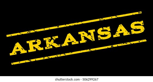 Arkansas watermark stamp. Text Caption between parallel lines with grunge design style. Rubber seal stamp with dirty texture. Vector yellow color ink imprint on a blue background.