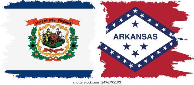 Arkansas and West Virginia states grunge brush flags connection, vector