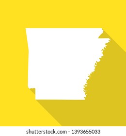 Arkansas white map,border flat simple style with long shadow on yellow background.