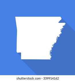 Arkansas white map,border flat simple style with long shadow on blue background