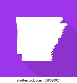 Arkansas white map,border flat simple style with long shadow on purple background