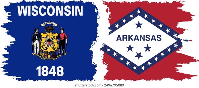 Arkansas and Wisconsin states grunge brush flags connection, vector