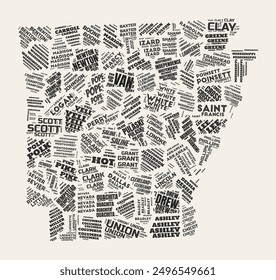 Arkansas Word Cloud. State with counties division. Arkansas typographic text clouds vector image design. Vintage gazette style state shape image. Awesome vector illustration.