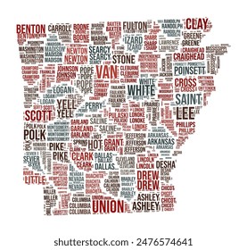 Arkansas Word Cloud. State shape with county division. Arkansas typography style image. County names tag clouds. Vector illustration.