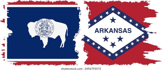 Arkansas and Wyoming states grunge brush flags connection, vector