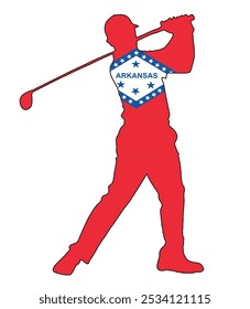 A ArkansasState golfer silhouette taking his swing isolated on white with state flag inset