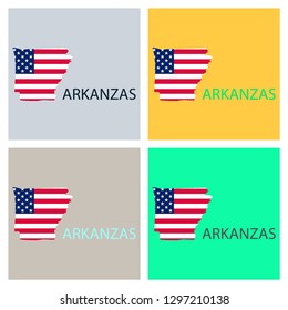 Arkanzas state of America with map. Flag print on map of USA for geographic themes. Map of Arkanzas state.