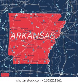 Arkanzas state detailed editable map with with cities and towns, geographic sites, roads, railways, interstates and U.S. highways. Vector EPS-10 file, trending color scheme