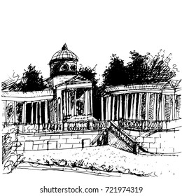 Arkhangelsk manor, landscape drawing, sketch, illustration of Russia, Moscow,