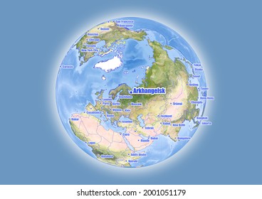 Arkhangelsk-Russia is shown on vector globe map. The map shows Arkhangelsk-Russia 's location in the world.