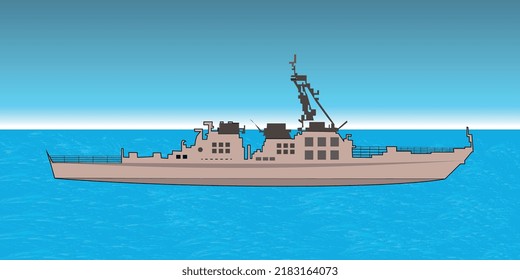 ARLEIGH BURKE Flight I Class In The Atlantic. United States Navy Guided Missile Destroyer. Vector Image For Illustrations And Infographics.