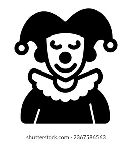 Arlequin, Clown in einem Hut solide Symbol, Theater-Konzept, Harlequin-Tracht-Vektorzeichen auf weißem Hintergrund, Glyph-Stil Symbol für mobiles Konzept und Web-Design. Vektorgrafik