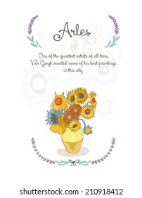 Arles inscription and famous sunflowers of Van Gogh, vector illustration