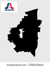 Arlington city map vector silhouette illustration isolated. USA town in Texas state, Tarrant county. City town symbol shape shadow. Sticker Arlington city flag emblem banner. Plan of Arlington scheme.