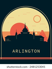 Arlington city retro style poster with skyline, cityscape. USA Texas state vintage vector illustration. US front cover, brochure, flyer, leaflet template, layout image