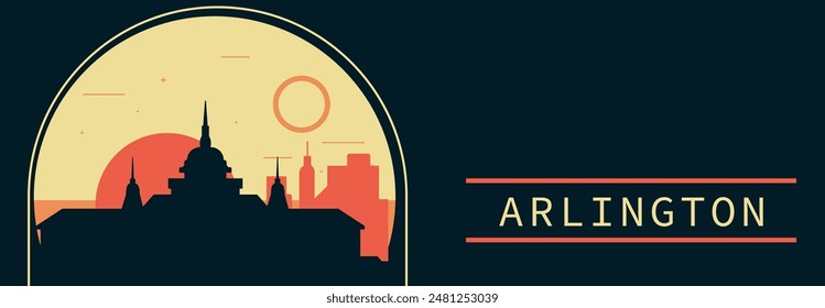 Anuncio de Vector de estilo retro de la ciudad de Arlington con horizonte, paisaje urbano. Ilustración Horizontal vintage del estado de Texas. Diseño de viajes de los Estados Unidos de América para presentación de Web, encabezado, pie de página