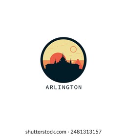 Arlington skyline, downtown panorama logo, logotype. USA, Texas state round badge contour, isolated vector vintage pictogram with monuments, landmarks