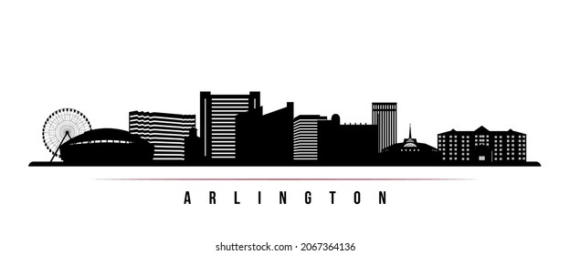 Arlington Skyline horizontaler Banner. Schwarz-Weiß-Silhouette von Arlington, Texas. Vektorvorlage für Ihr Design. 