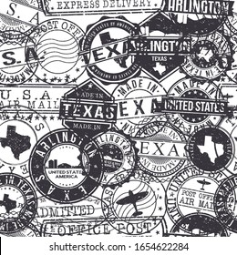 Arlington Texas Stamps Background. A City Stamp Vector Art. Set of Postal Passport Travel. Design Set Pattern.