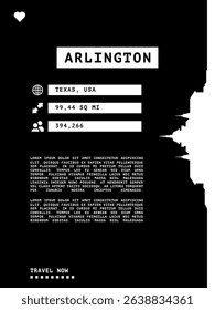 Arlington, Texas vector infographics, brochure black and white layout. Guide, leaflet, flyer, graphic template with text, information, skyline contour. Page, festival, cover mock up image for USA 