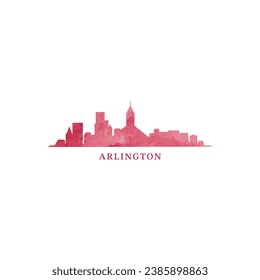 Arlington US watercolor cityscape skyline city panorama vector flat modern logo icon. USA, Texas state of America emblem with landmarks and building silhouettes. Isolated red graphic