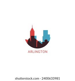 Arlington EE.UU. paisajes urbanos de los Estados Unidos ciudad panorámica vector plano icono de logotipo moderno. Idea del estado norteamericano de Texas con monumentos históricos y silueta de construcción