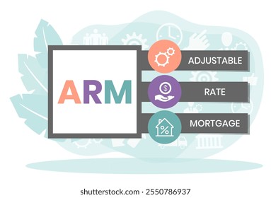 ARM - Taxa ajustável Mortgage. plano de fundo do conceito de negócios. conceito de ilustração de vetor com palavras-chave e ícones. ilustração de lettering com ícones para banner web, folheto, página inicial, apresentação